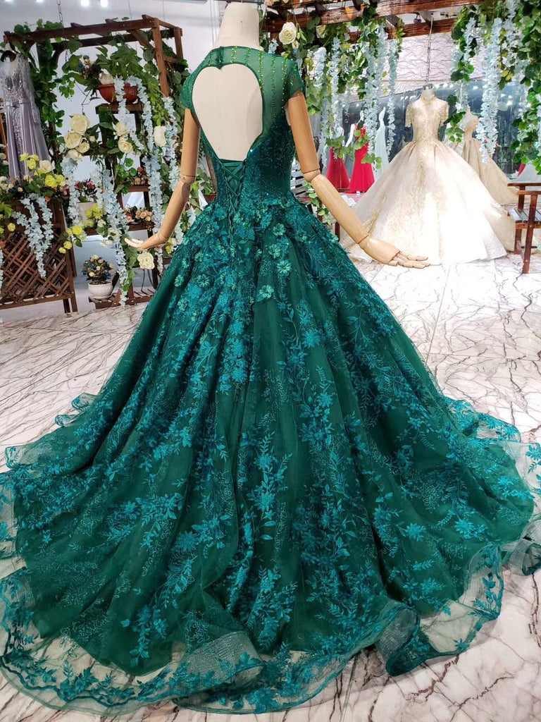Hot Appliques Ball Gown 2024 Dark Green Wedding Dress Sequin Quinceane –  MyChicDress